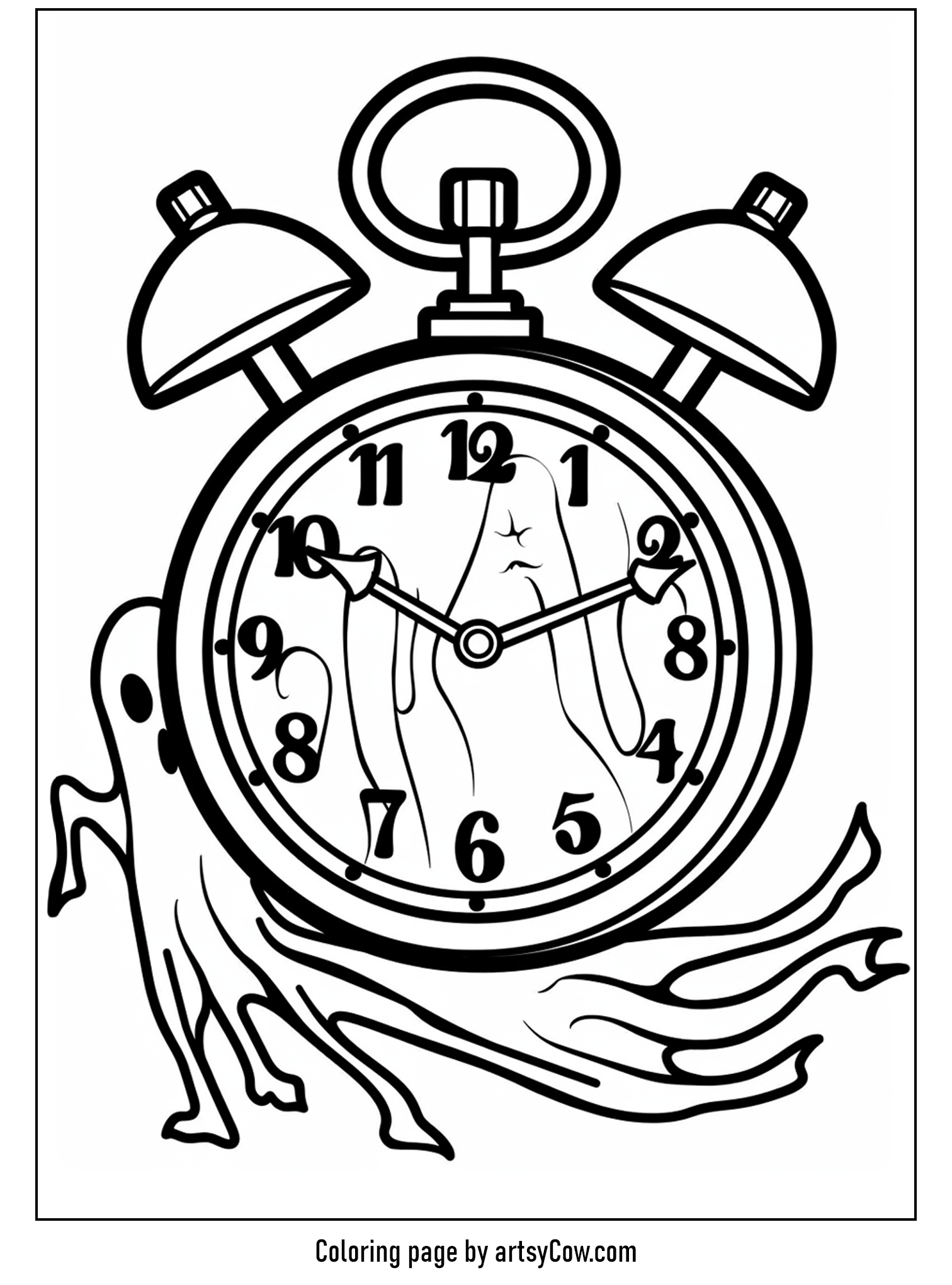 scary halloween coloring pages featuring a spooky clock wrapped in ghostly figures, set to strike midnight.